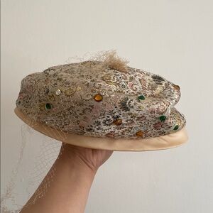 Embellished Cream Beret with Veil